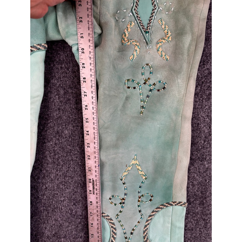 Vintage Western Suede Leather Pants Beaded Lace Up Turquoise OOAK Couture Rare - Picture 9 of 16